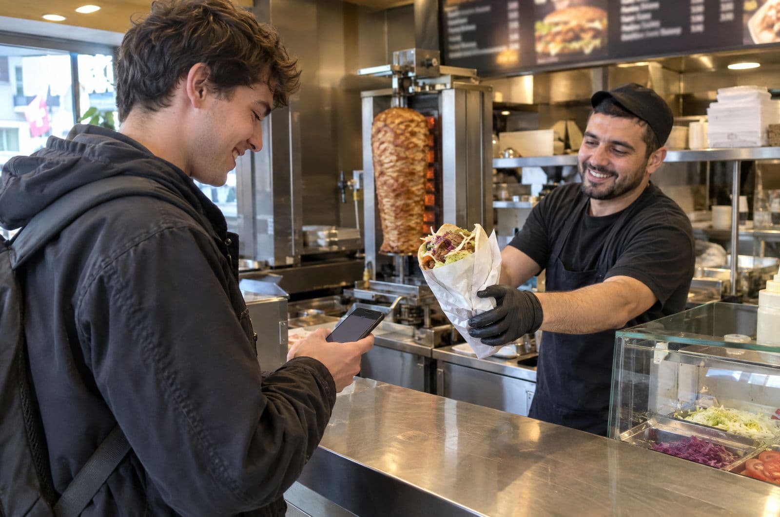 Gast mit Handy bekommt seinen Döner über die Theke