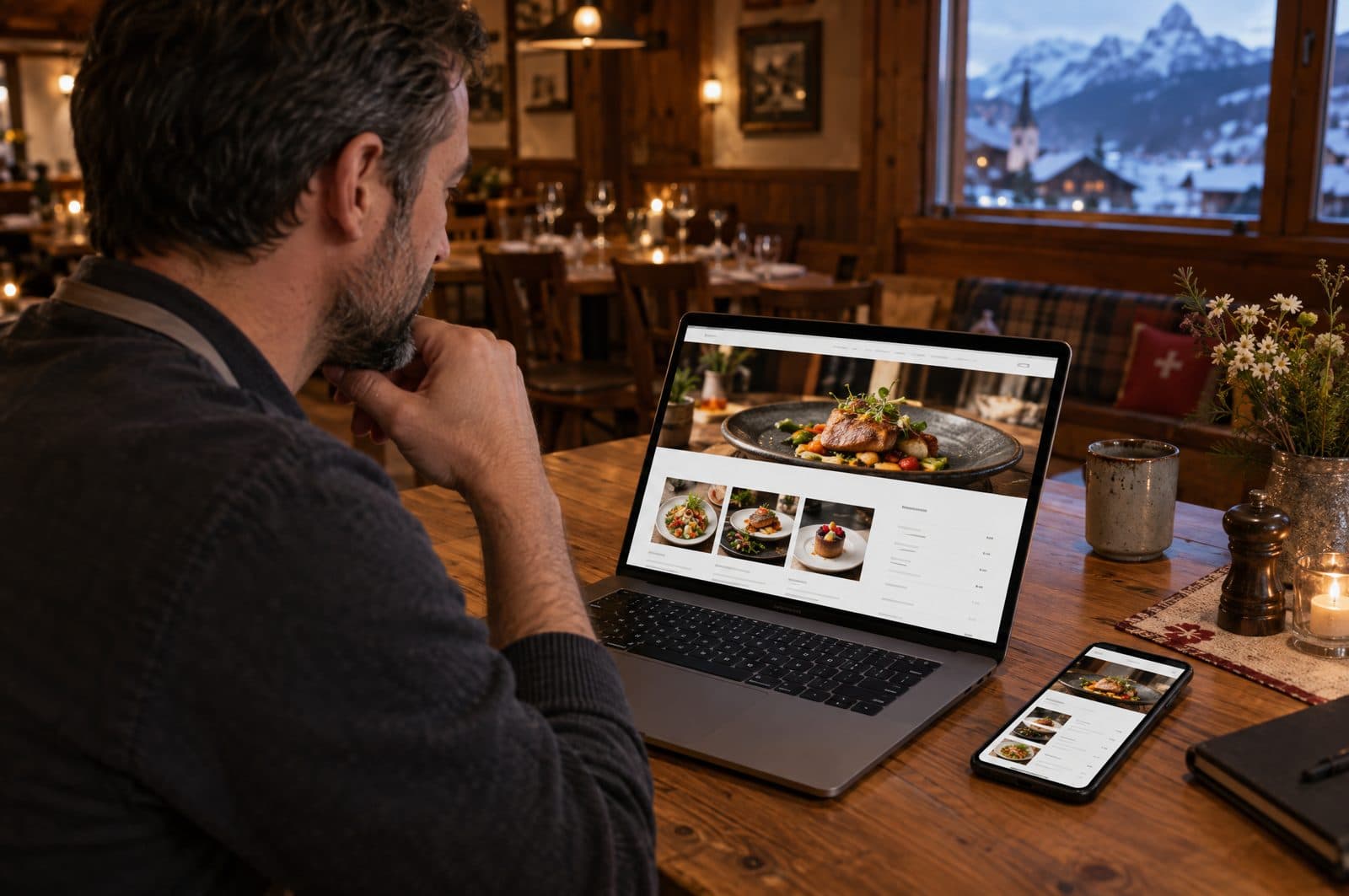 Wirt schaut in seinem Restaurant auf die neue Website am Laptop und Handy